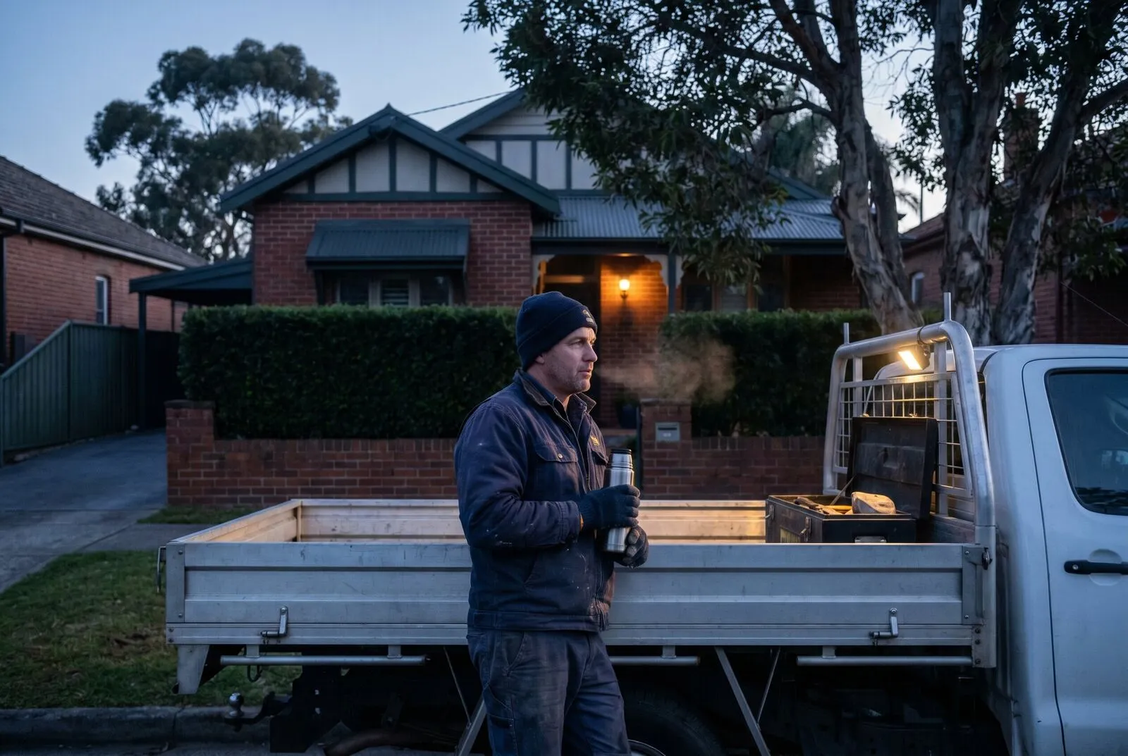 A technician with a steel thermos standing at his ute tray in a driveway before sunrise, breath visible in the cold air